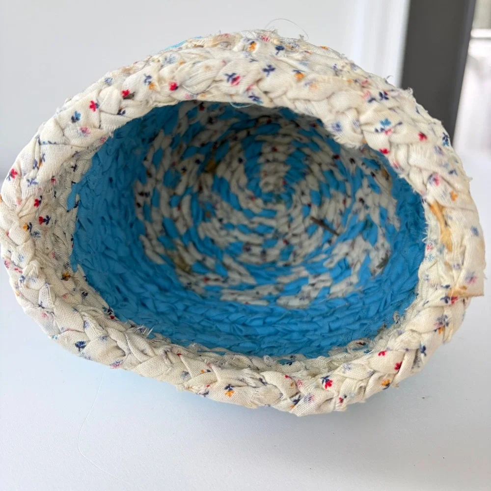 Vintage Hand Braided Fabric Rag Basket Blue Floral Coiled Cotton Storage Bowl